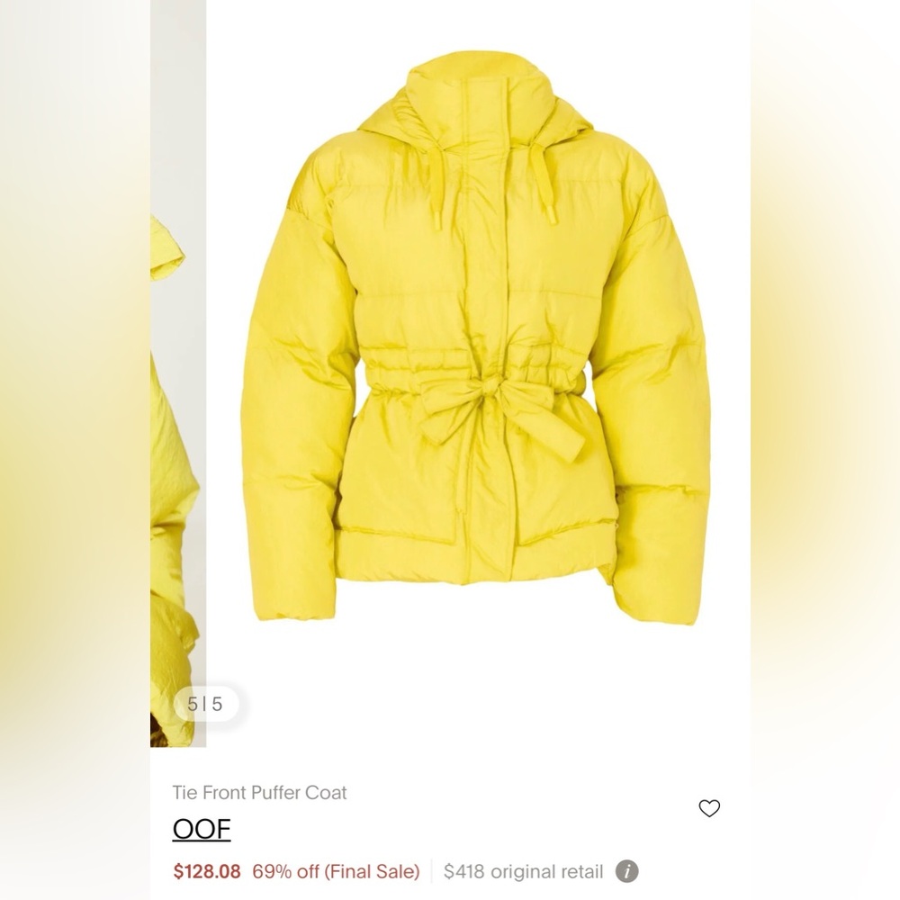 OOF Yellow Women's Puffer Coat 46/US 10 - Picture 6 of 12